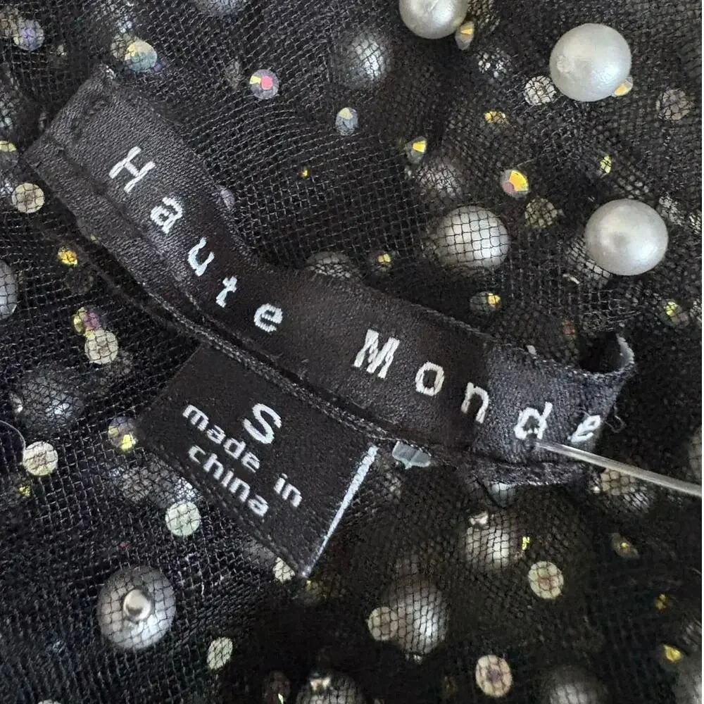Haute Monde Black Pearl Beaded Mesh Sheer Long Sleeves Top S Coquette Glam NWT